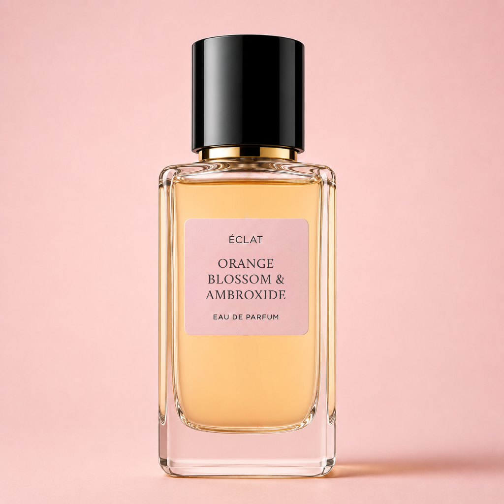 The ÉCLAT Orange Blossom & Ambroxide perfume is presented in a faceted glass bottle with a sleek black cap.