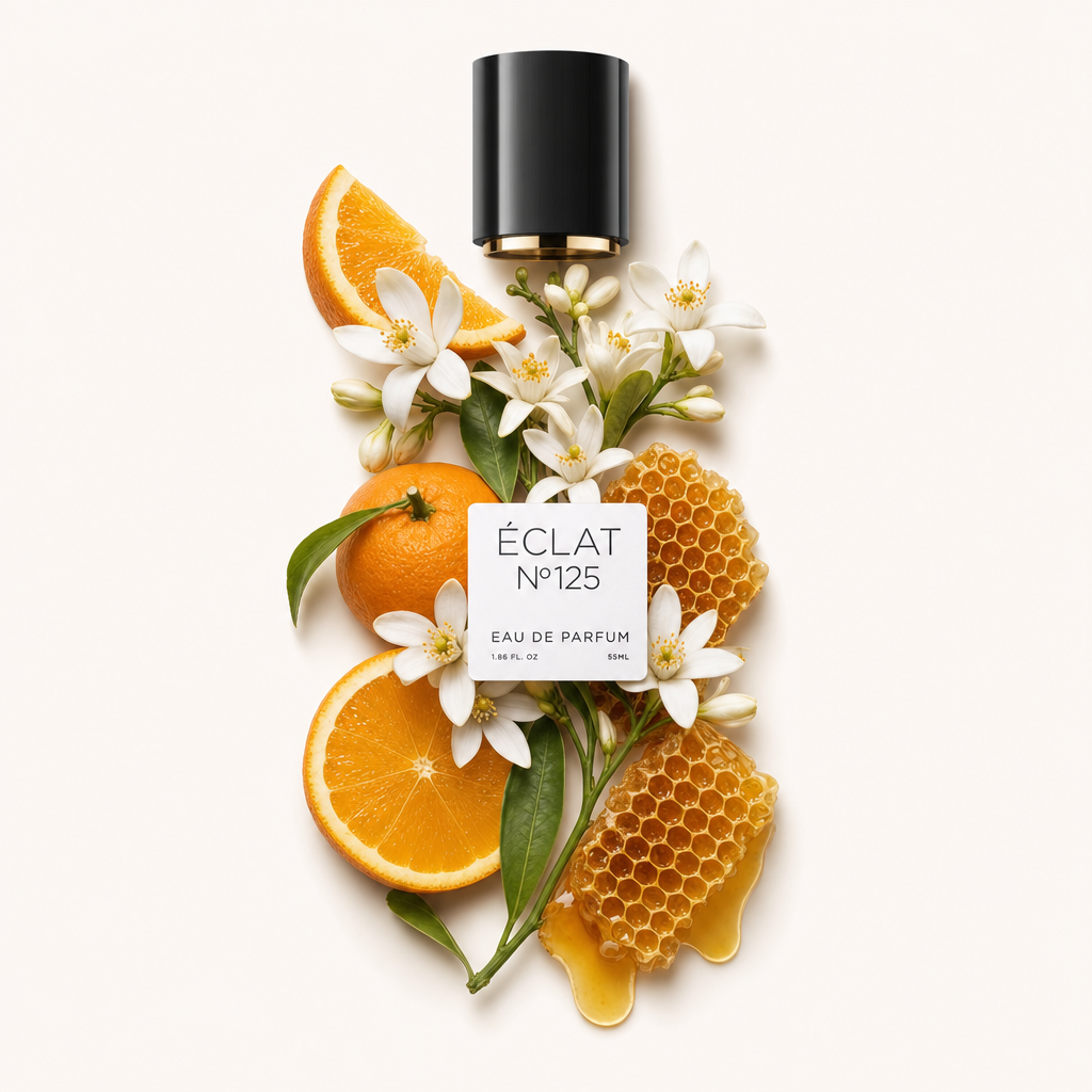 Un arrangement de tranches d'orange, de fleurs et de rayon de miel avec un capuchon noir portant une étiquette ÉCLAT.