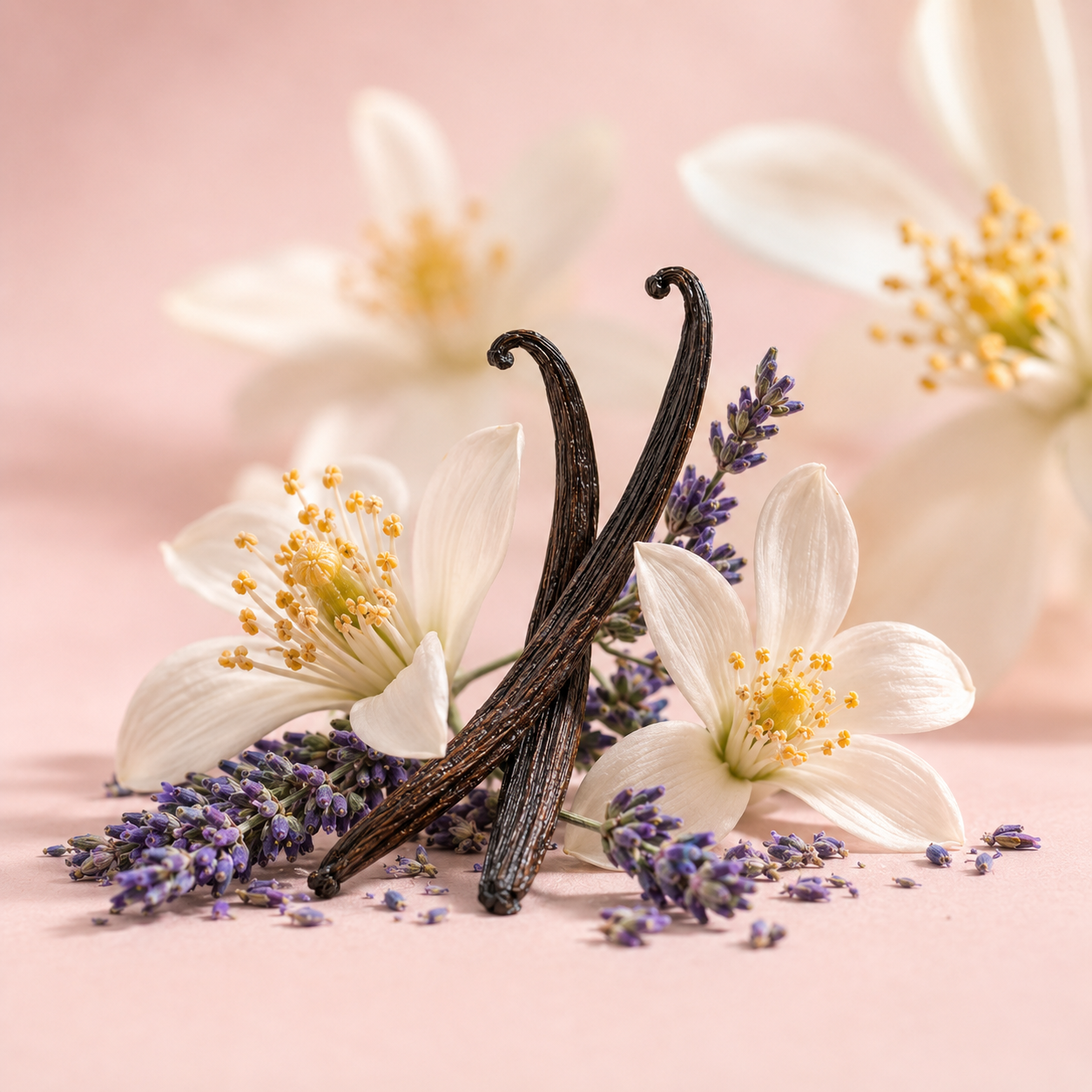 Delicate blossom of orange flowers and sprigs of lavender intertwined, set against a soft pink background, embody ÉCLAT Orange Blossom & Lavender.