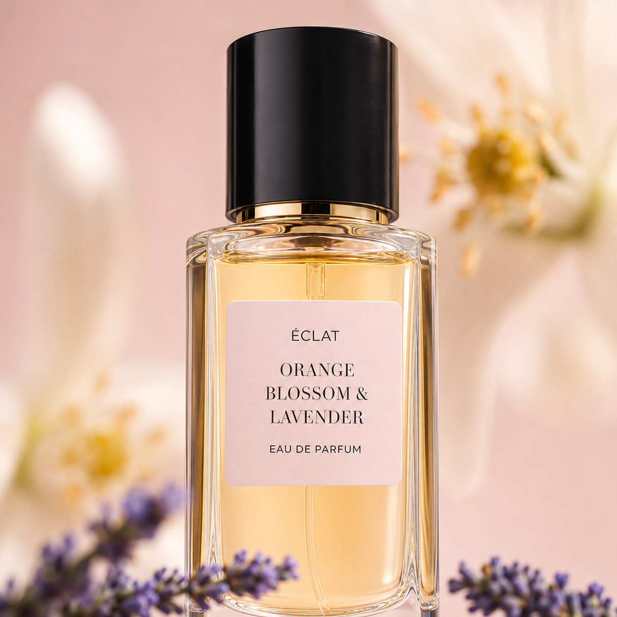 Faceted glass bottle of ÉCLAT Orange Blossom & Lavender with a sleek black cap, surrounded by lavender and floral elements.