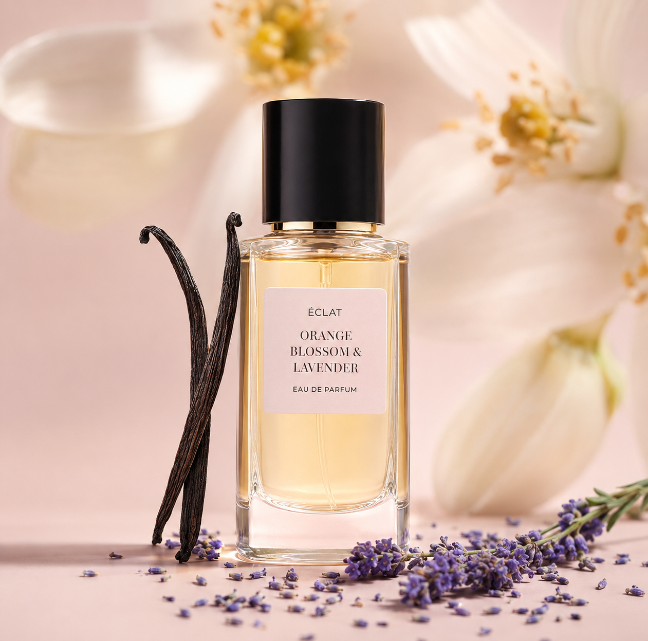 Elegant glass bottle of ÉCLAT Orange Blossom & Lavender placed amidst vanilla pods and lavender on a soft pink background.