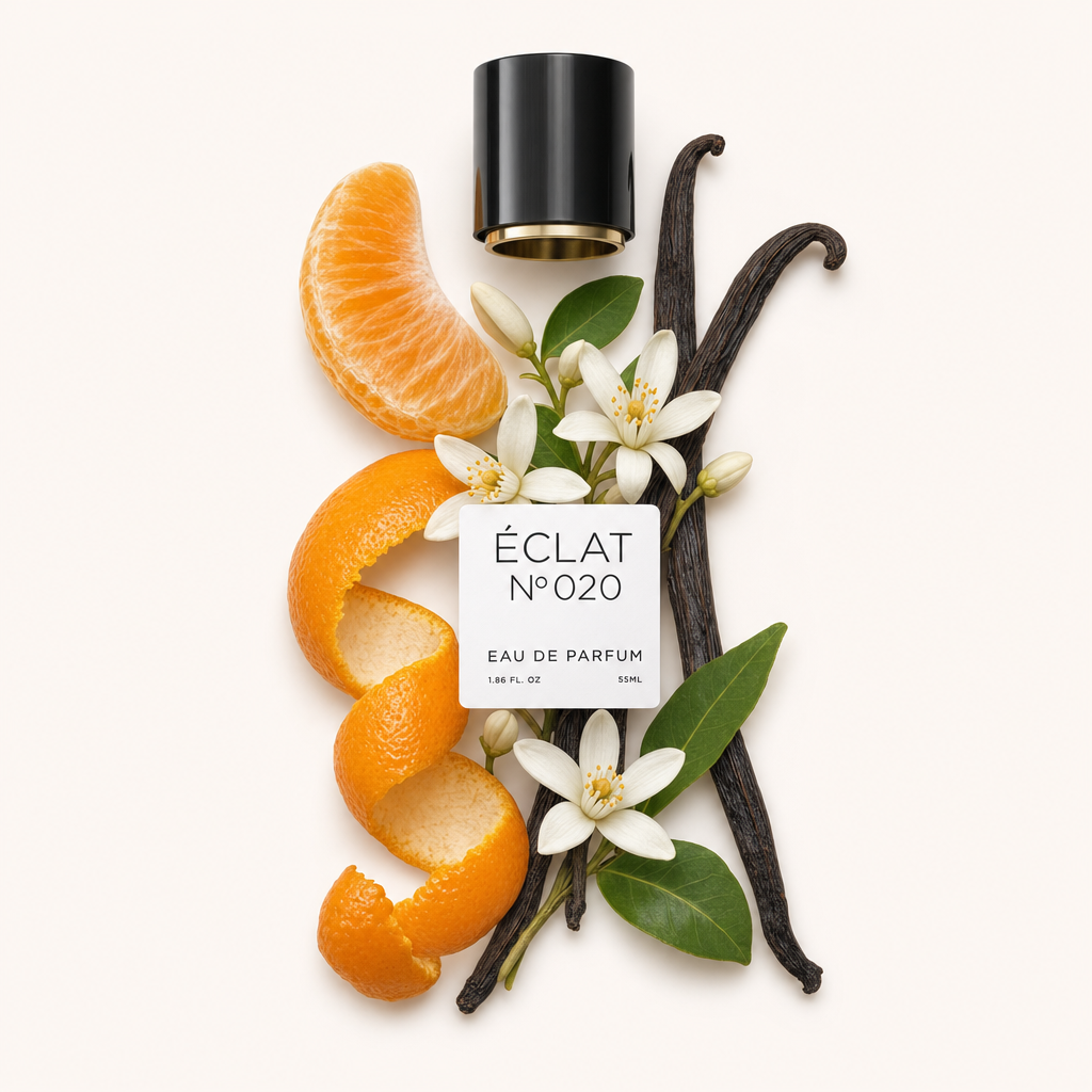 Un bouchon noir avec une étiquette repose au-dessus d'une composition de tranches d'orange, de gousses de vanille et de délicates fleurs blanches avec des feuilles vertes, représentant ÉCLAT Orange Blossom & Vanilla.