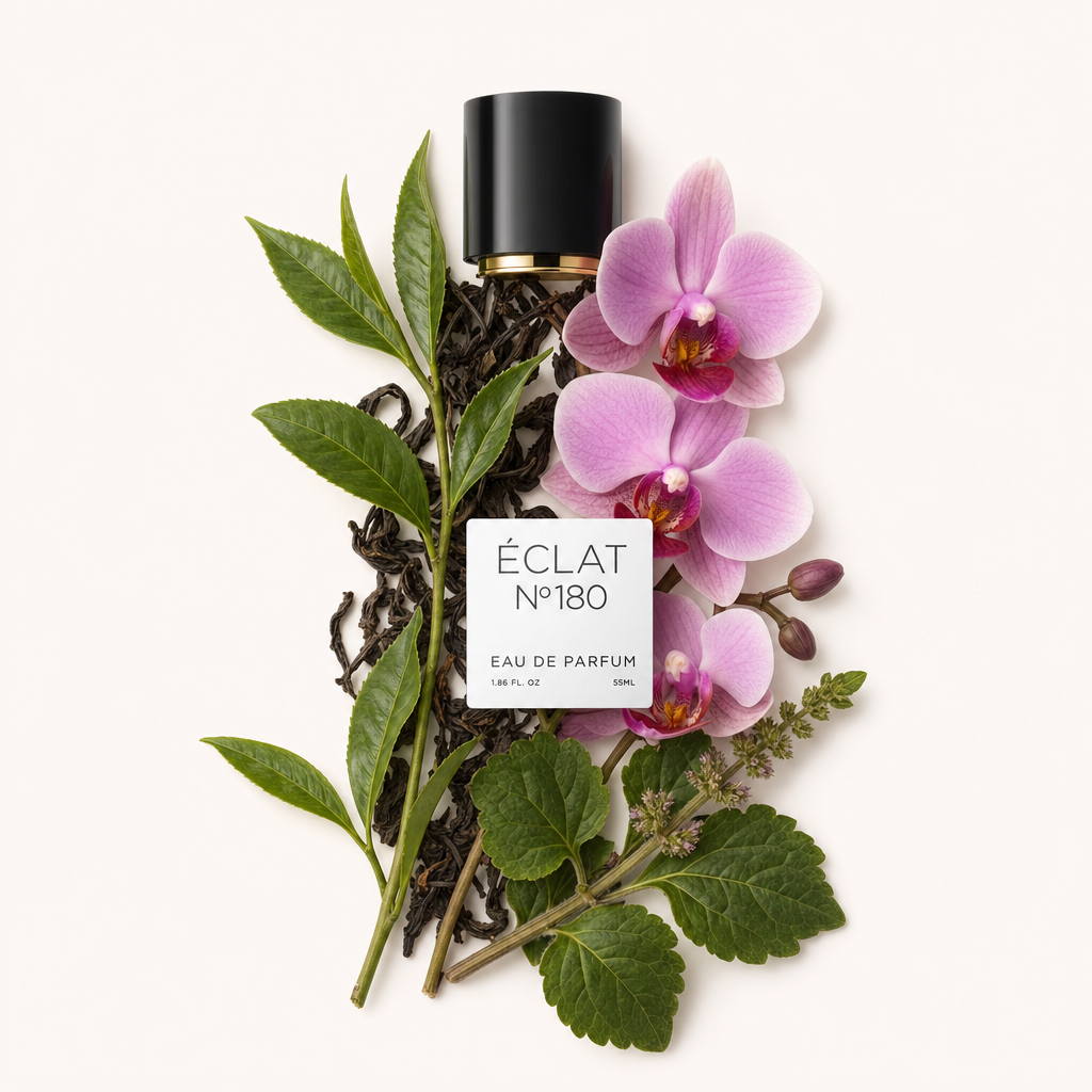 Une composition de fleurs d'orchidée et de feuilles de patchouli luxuriantes avec un capuchon noir arborant l'étiquette ÉCLAT Orchid & Patchouli.