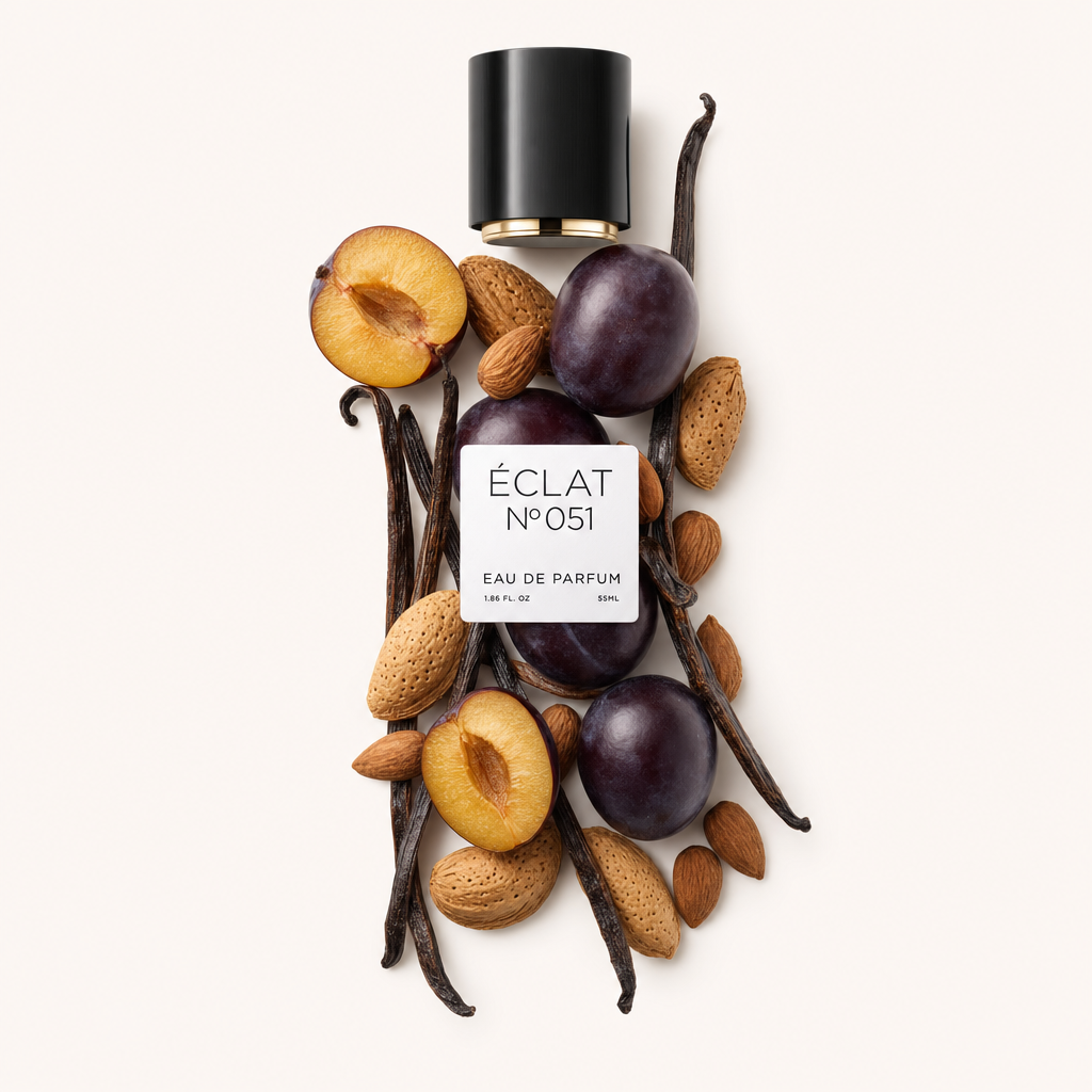 Un arrangement de prunes fraîches, d'amandes et de gousses de vanille entoure un capuchon noir avec une étiquette ÉCLAT Oriental Almond.