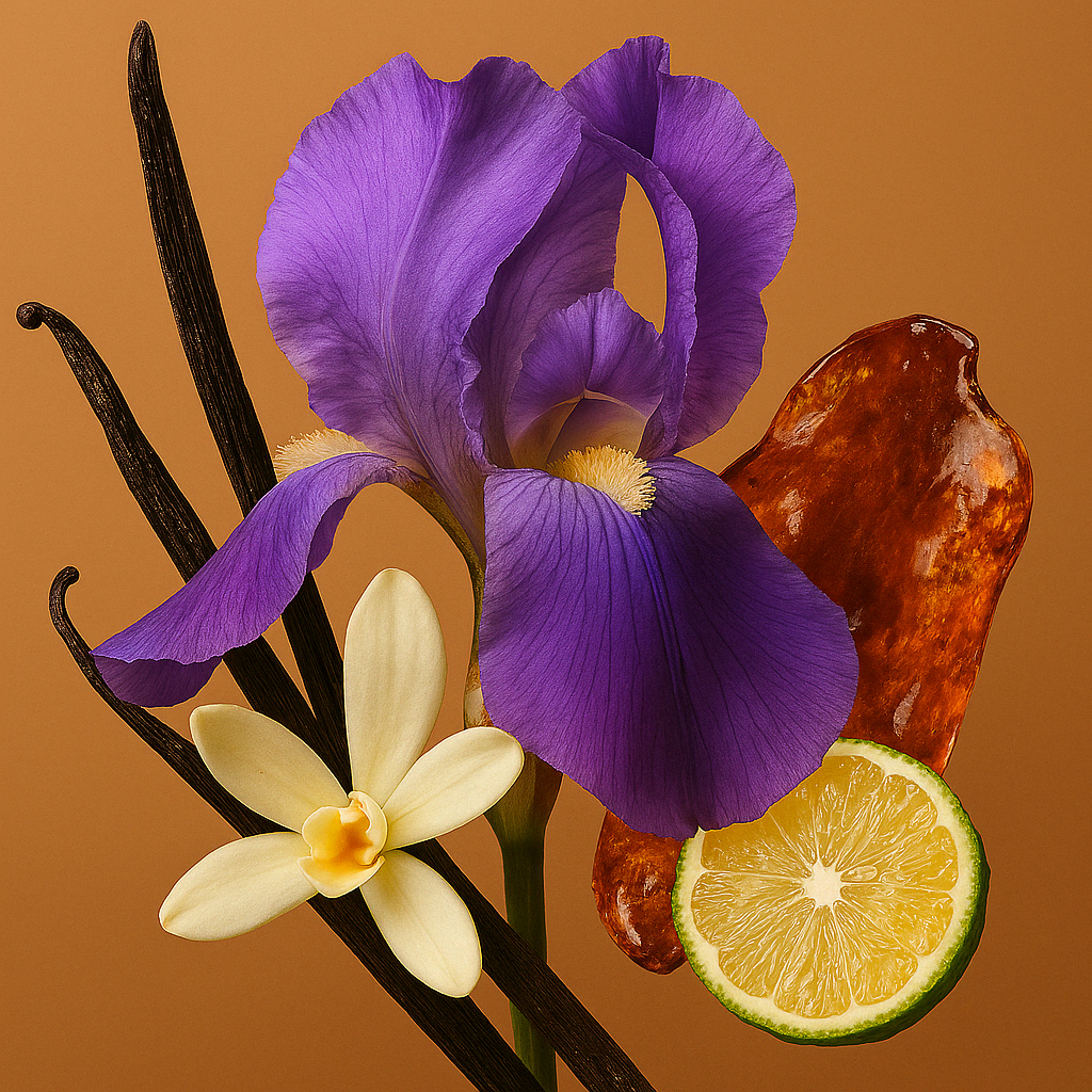 ÉCLAT Oriental Bergamot geïllustreerd met een levendige paarse iris, vanillebloemen, vanillepeulen, amberharsen en een limoenschijfje.