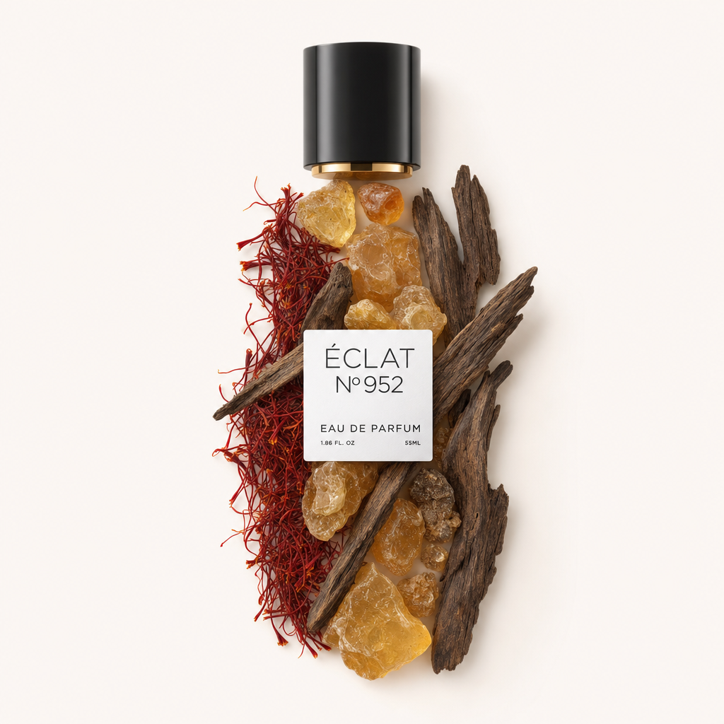 An arrangement of saffron threads, amber resin, and oud wood surrounds the black cap with label for ÉCLAT Oriental Oud.