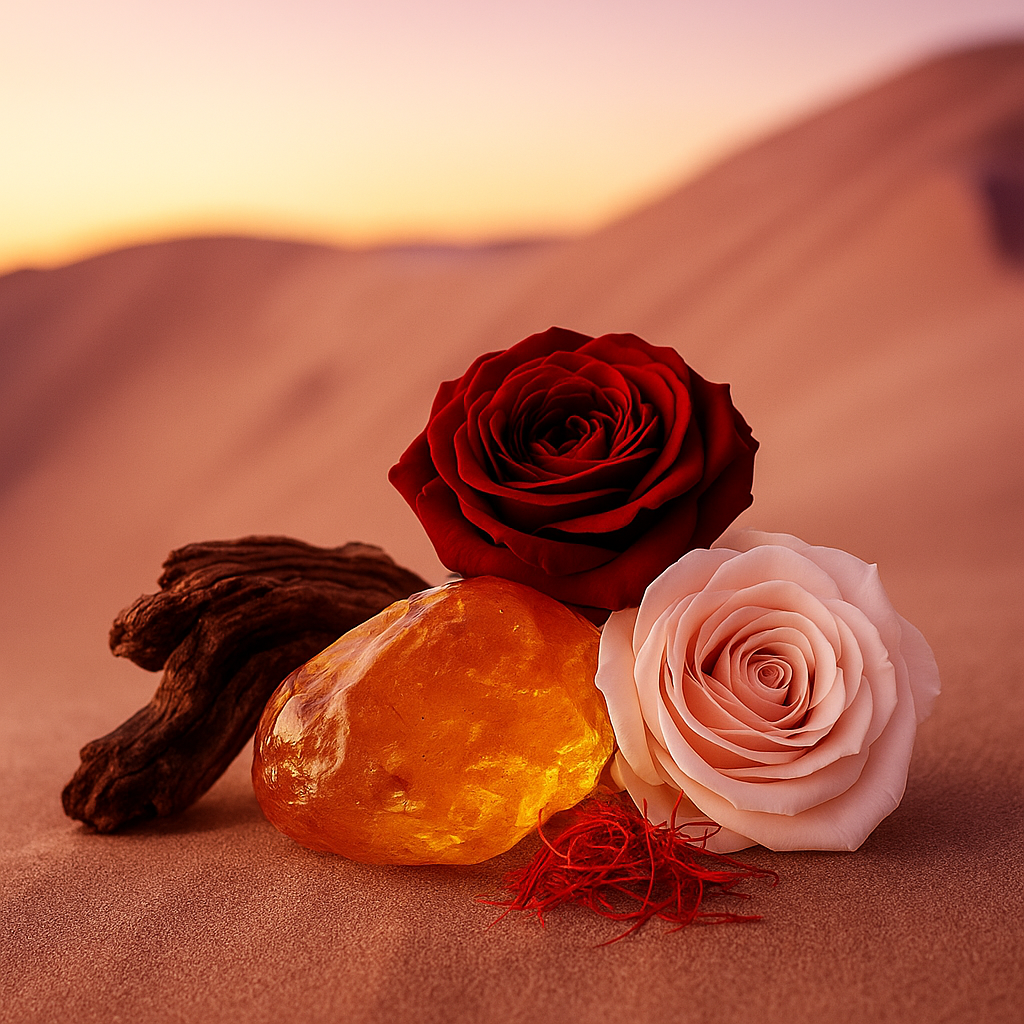 Uma cena vibrante de uma rosa vermelha intensa e uma rosa rosa suave em cima de âmbar dourado e madeira seca em dunas de areia ao pôr do sol.