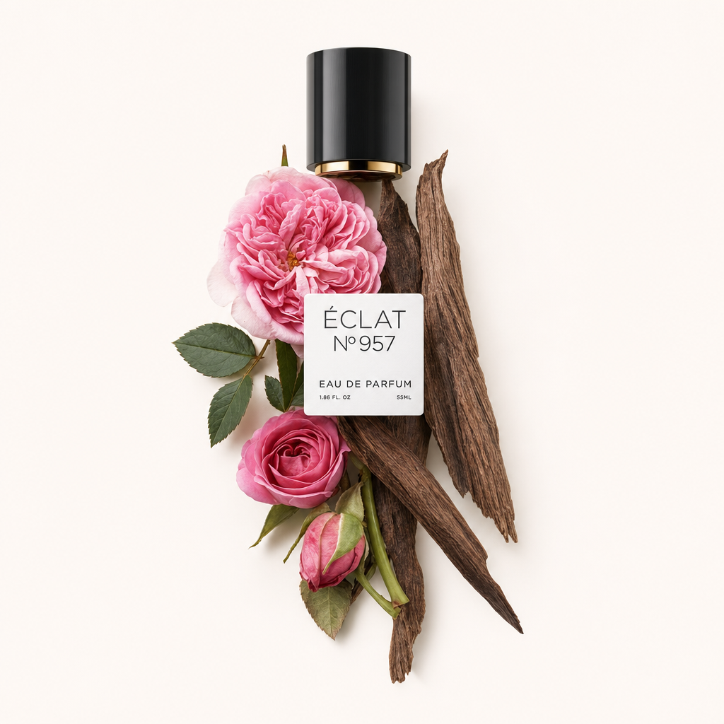 Un élégant arrangement de roses roses et d'éléments boisés entoure un capuchon noir avec accent doré, étiqueté ÉCLAT VIP - Oriental Rose.
