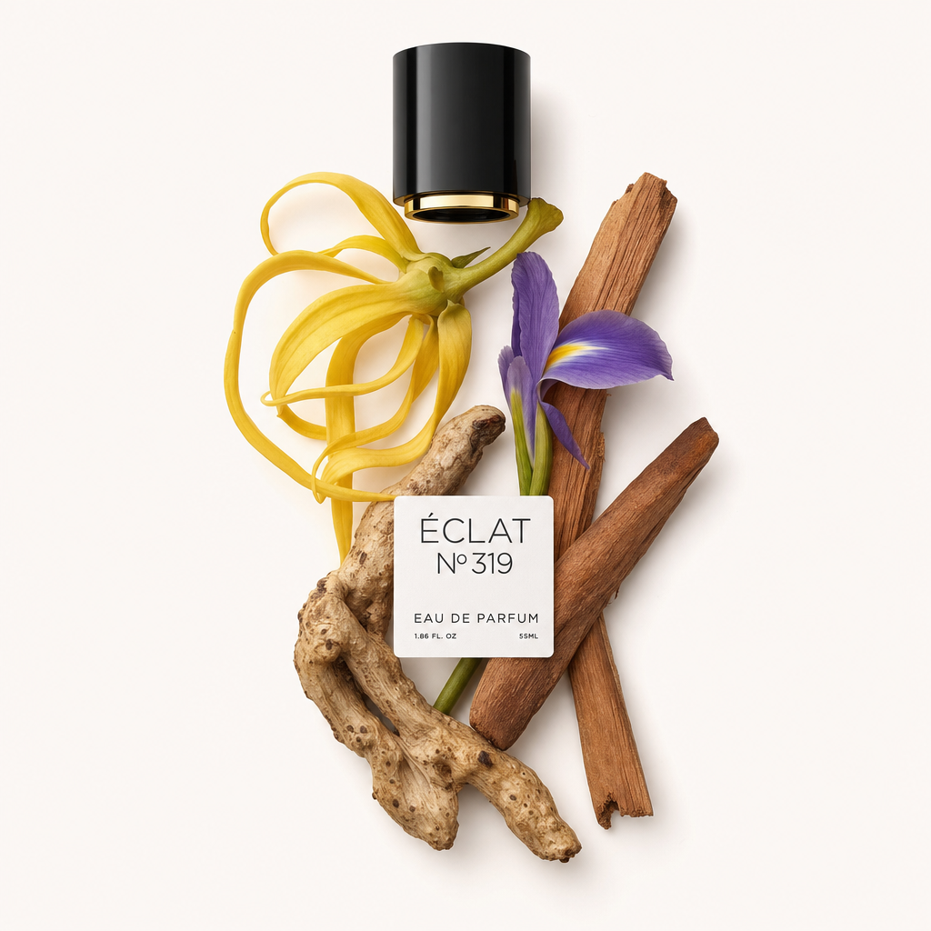 Un arrangement de pétales d'ylang-ylang, une iris violette, des bâtons de bois de santal et des racines, avec un bouchon noir étiqueté ÉCLAT Oriental Sandalwood.