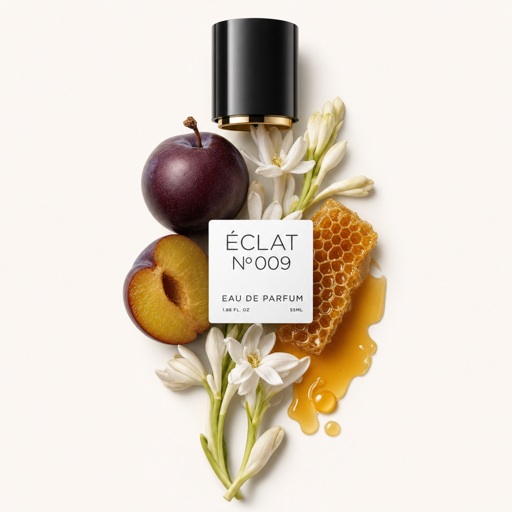 Uma natureza morta arranjada à mão com ameixa, favo de mel e flores brancas de tuberosa em torno de uma tampa preta com rótulo ÉCLAT Oriental Tuberose.