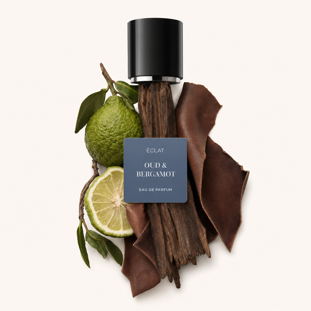 Un arrangement de bergamote fraîche, agrume tranché, bois de oud riche et cuir, orné du capuchon noir d'ÉCLAT avec étiquette.
