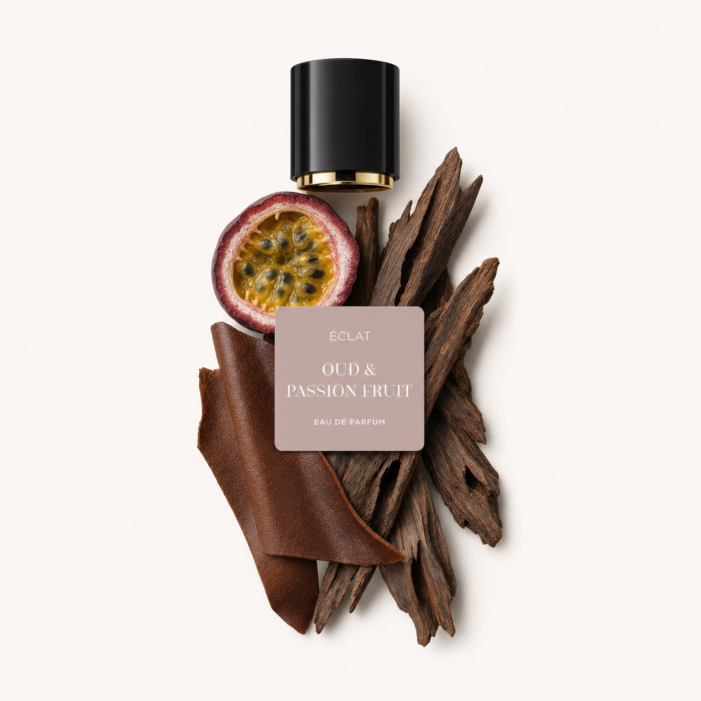 Un arrangement de bois d'oud, une moitié de fruit de la passion et une bande de cuir marron entourent le capuchon noir avec étiquette ÉCLAT Oud & Passion Fruit.