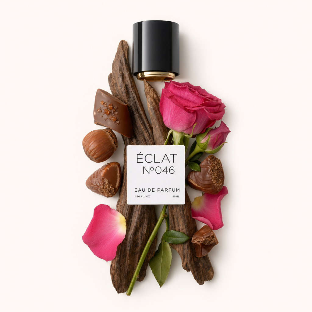 Un arrangement de bois d’oud, pralines et roses, mettant en valeur le capuchon noir avec étiquette ÉCLAT.