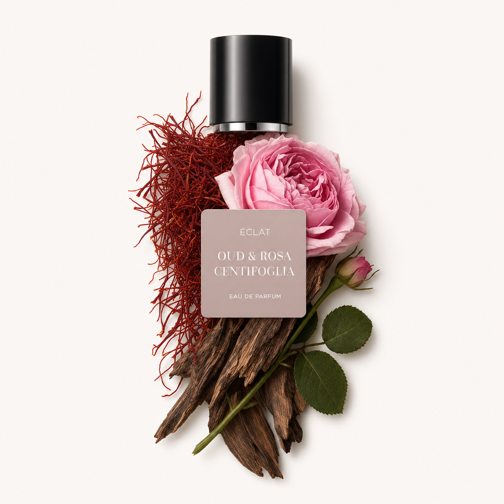 Un arrangement d'ÉCLAT Oud & Rosa Centifolia avec du bois d'oud, une rose centifolia rose et des fils de safran rouges entourant un capuchon noir avec une étiquette.