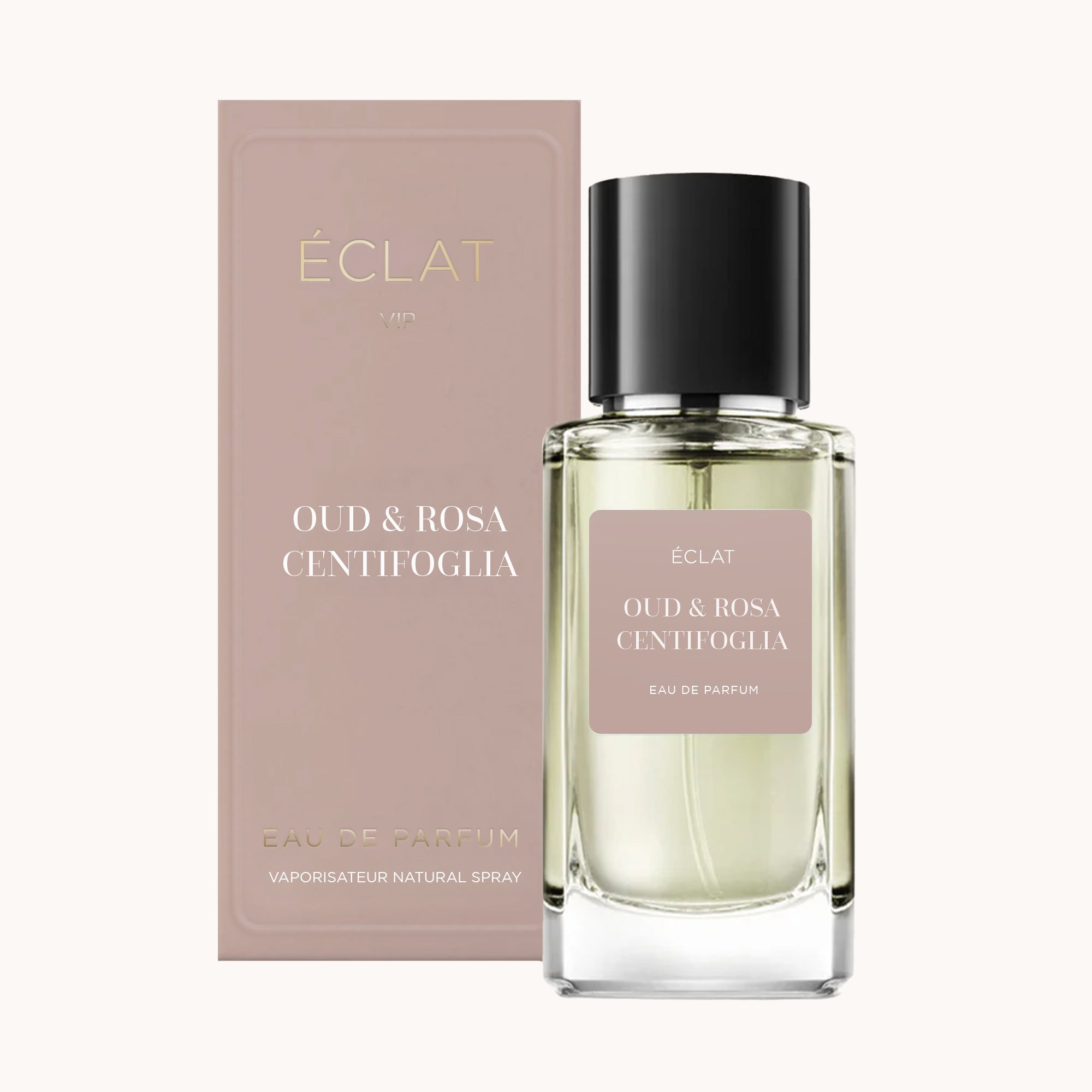 Flacon en verre facetté d'ÉCLAT Oud & Rosa Centifolia avec un bouchon noir, à côté d'une boîte beige avec la marque imprimée.