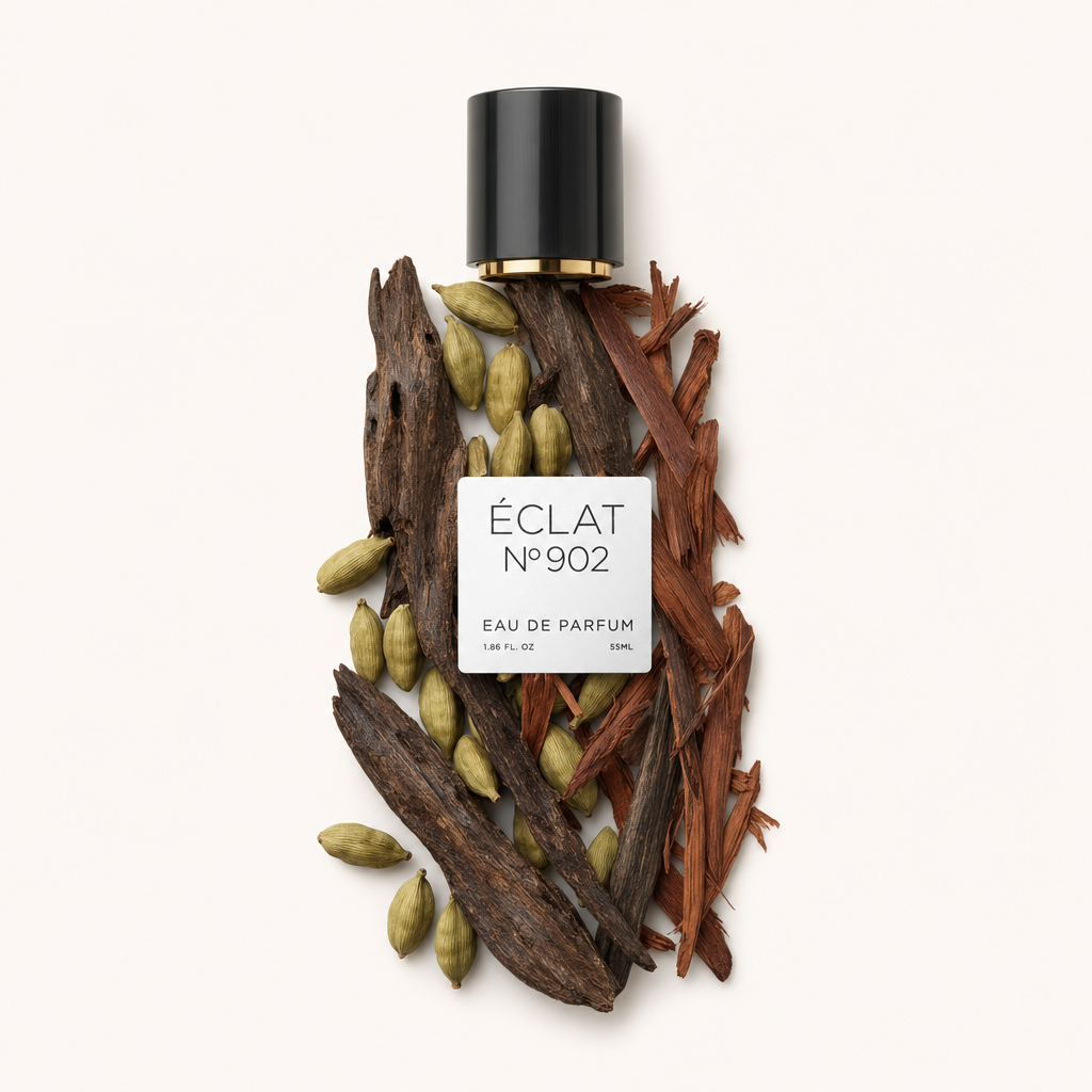 An arrangement of rosewood and cardamom surrounds a black cap with a label, representing ÉCLAT VIP - Oud & Rosewood.