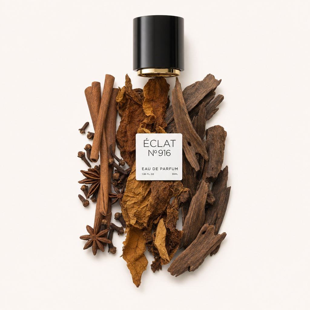 En sammansättning av kanelstänger, tobaksblad, stjärnanis, kryddnejlika och oudträ omger en svart kork märkt med ÉCLAT Oud & Tobacco.