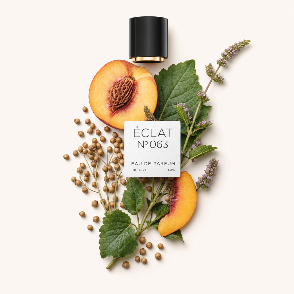 Un arrangement de feuilles de patchouli fraîches, graines de coriandre et tranches de pêche, avec un bouchon noir portant l'étiquette ÉCLAT Patchouli & Peach.