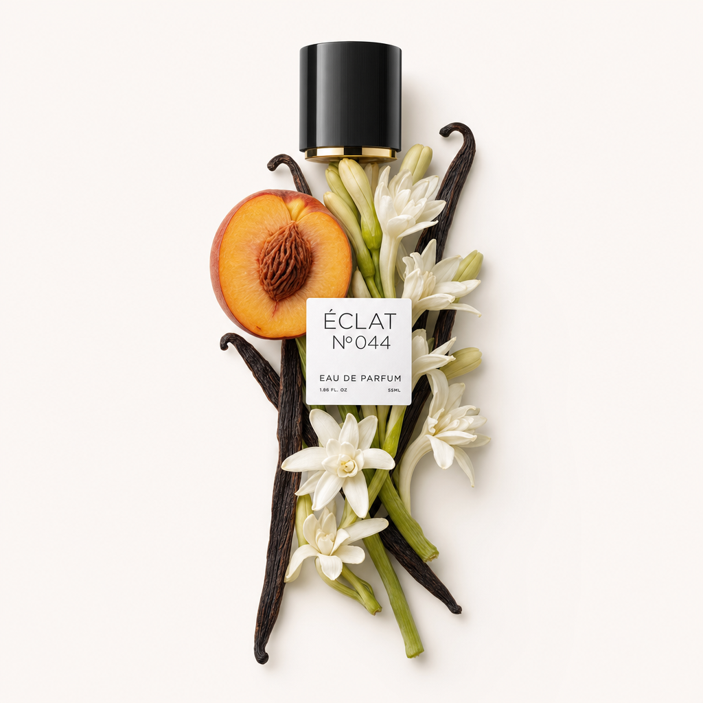 Un arrangement de pêche, tubéreuse et gousses de vanille entoure un capuchon noir avec une étiquette pour ÉCLAT VIP - Peach, Tuberose & Vanilla.