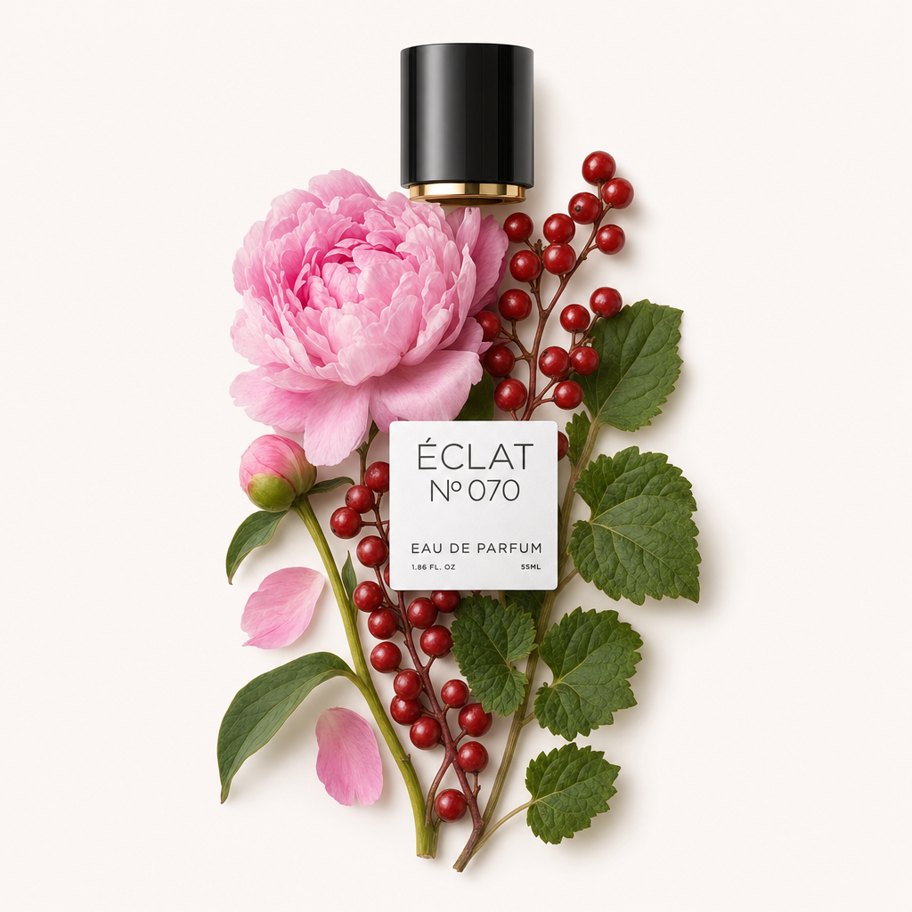 Um arranjo de flores de peónia rosa e bagas vermelhas com folhas verdes, encimado por uma tampa preta com etiqueta ÉCLAT Peony & Patchouli.