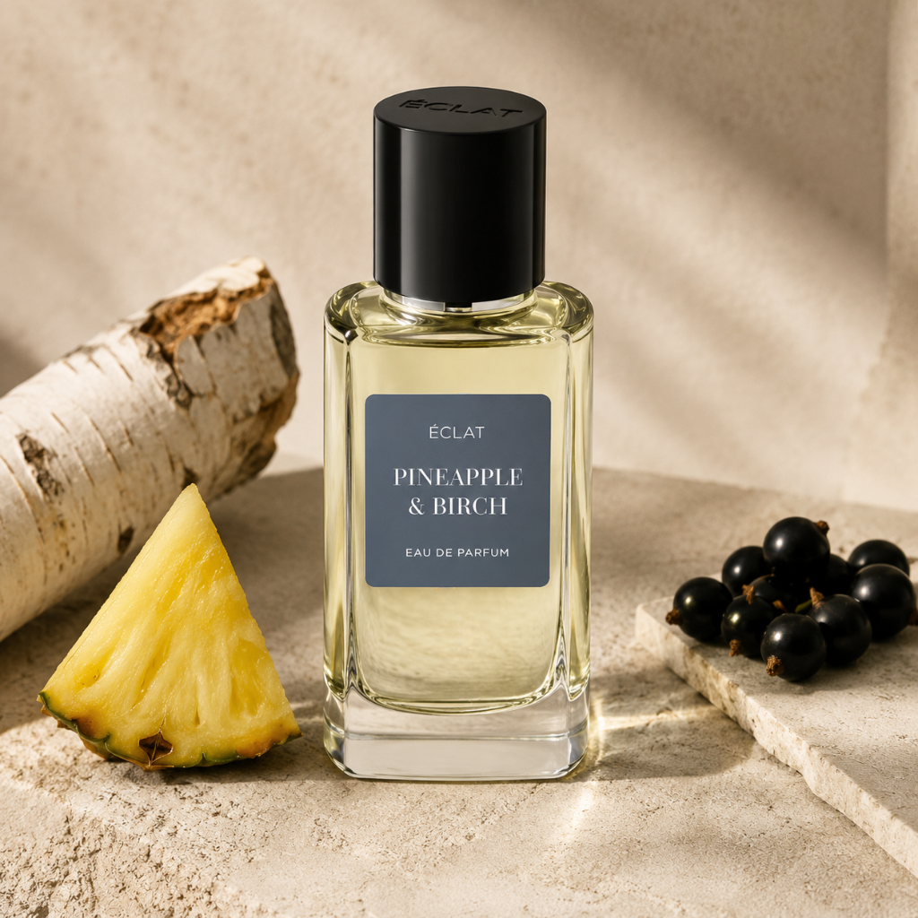 A faceted glass bottle of ÉCLAT Pineapple & Birch with a black cap, surrounded by a birch log, pineapple slice, and blackcurrants.