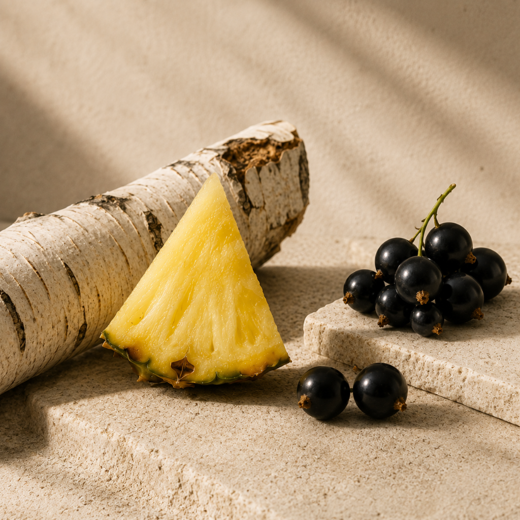 A slice of pineapple, birch bark, and blackcurrants arranged elegantly on textured stone surfaces, reflecting the essence of ÉCLAT VIP - Pineapple & Birch.