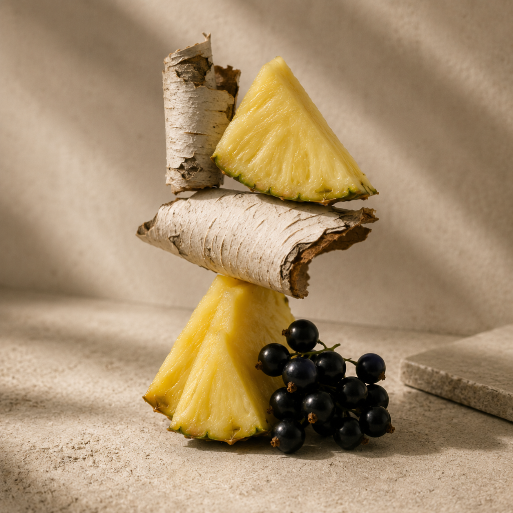 An arrangement of fresh pineapple slices stacked with birch bark and accompanied by blackcurrants, representing ÉCLAT VIP Pineapple & Birch.