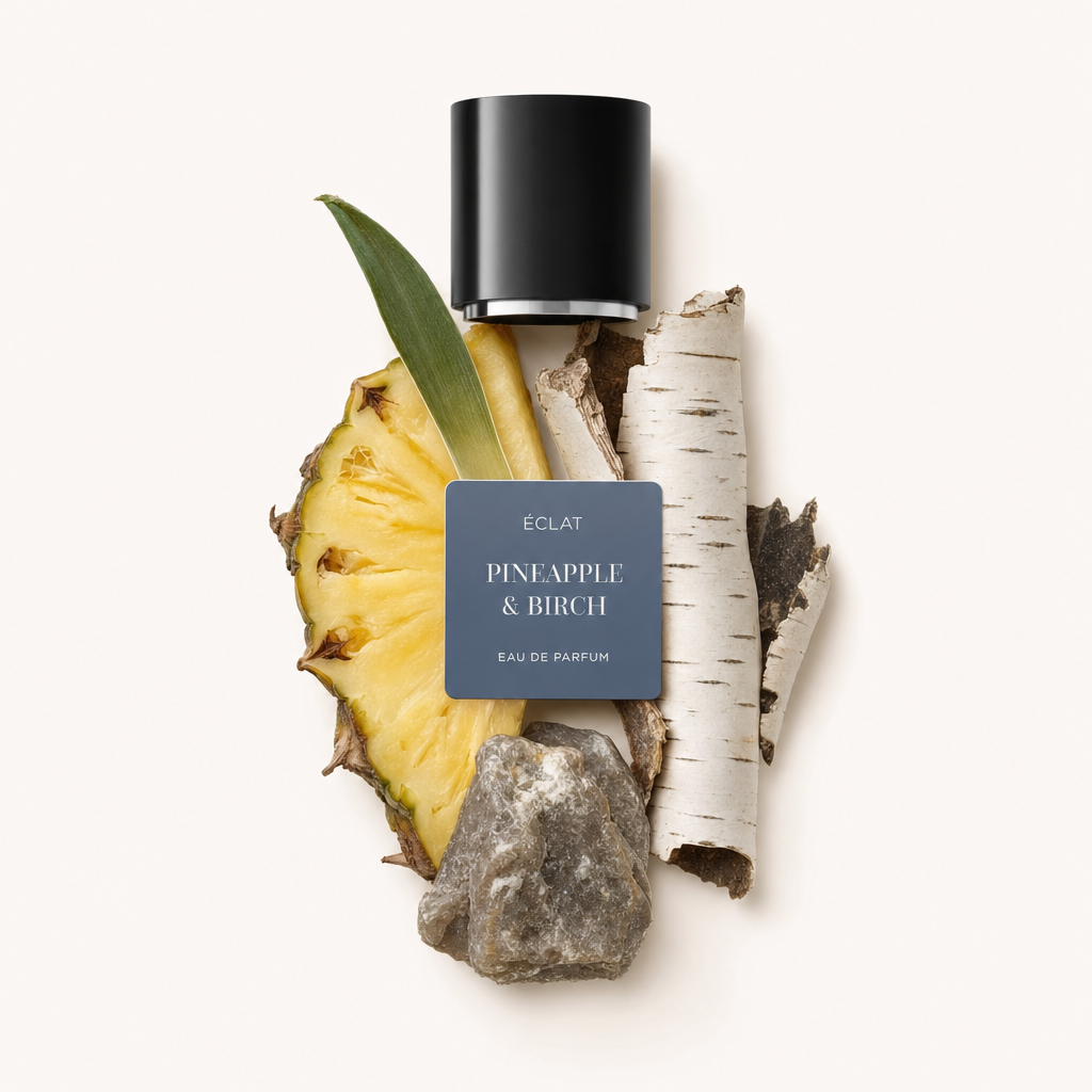 An arrangement of pineapple slice, birch bark, and a textured rock surrounds a black cap with a label reading ÉCLAT Pineapple & Birch.