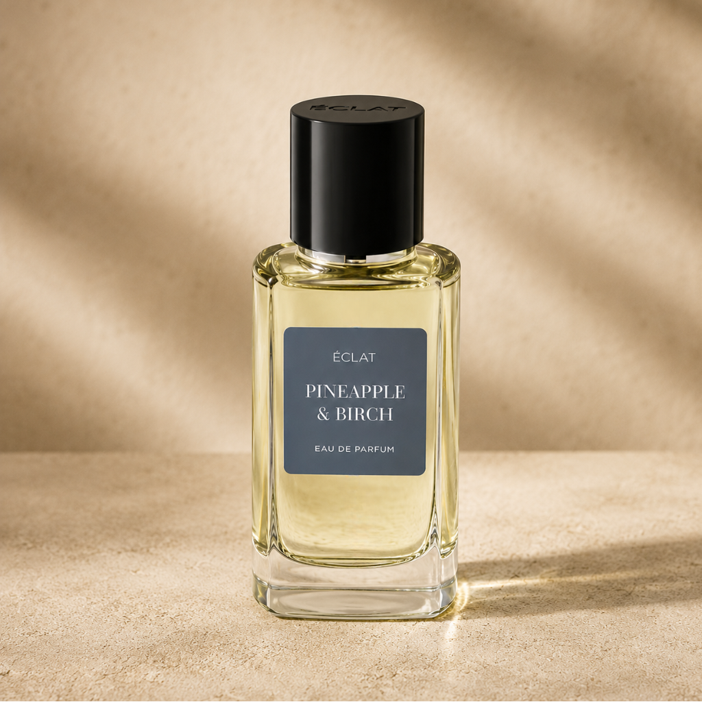 Faceted glass bottle of ÉCLAT Pineapple & Birch with a black cap and a matte label on a neutral background.