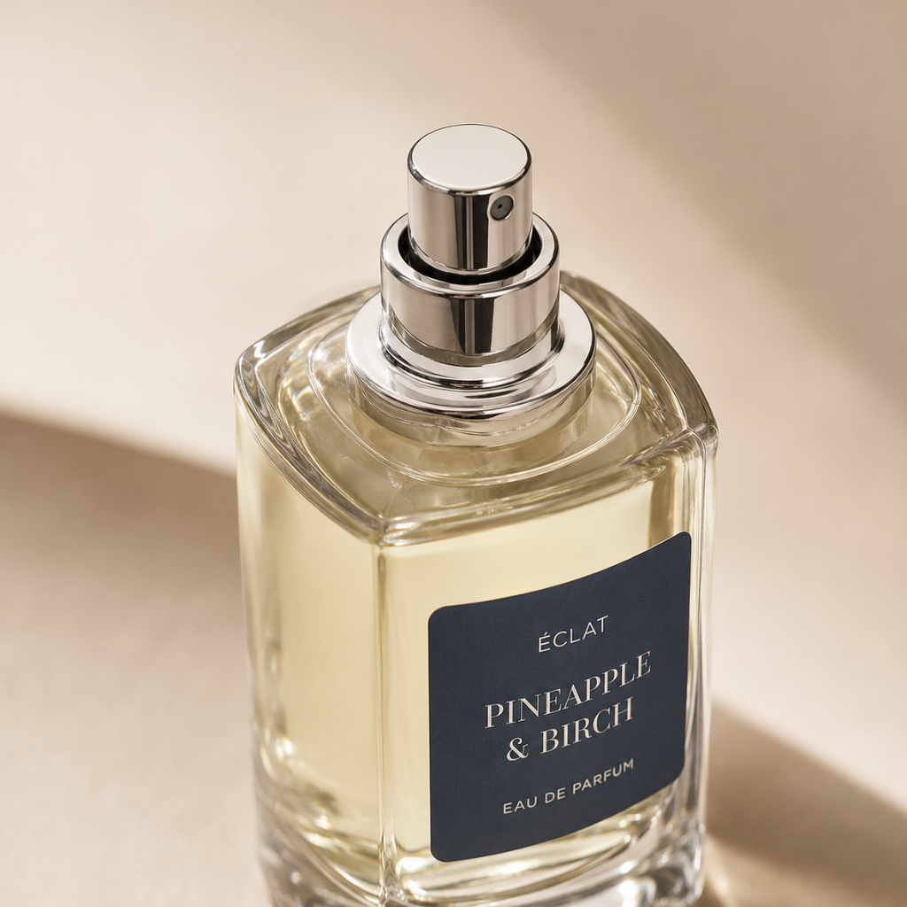 Faceted glass bottle of ÉCLAT Pineapple & Birch with a silver cap and dark label.