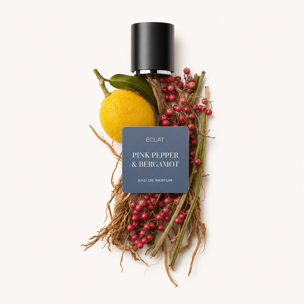 Un arrangement de baies de poivre rose, d'une bergamote jaune et d'herbes sèches entoure un capuchon noir avec une étiquette ÉCLAT Pink Pepper & Bergamot.