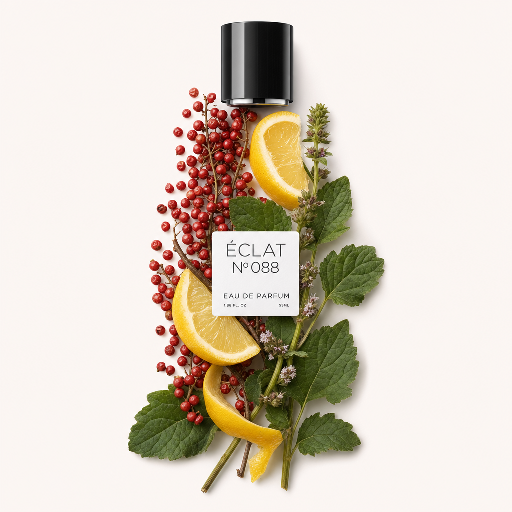 Un arrangement de baies de poivre rose, tranches d'agrumes et feuilles vertes autour d'un capuchon noir avec étiquette ÉCLAT Pink Pepper & Citrus Fruits.