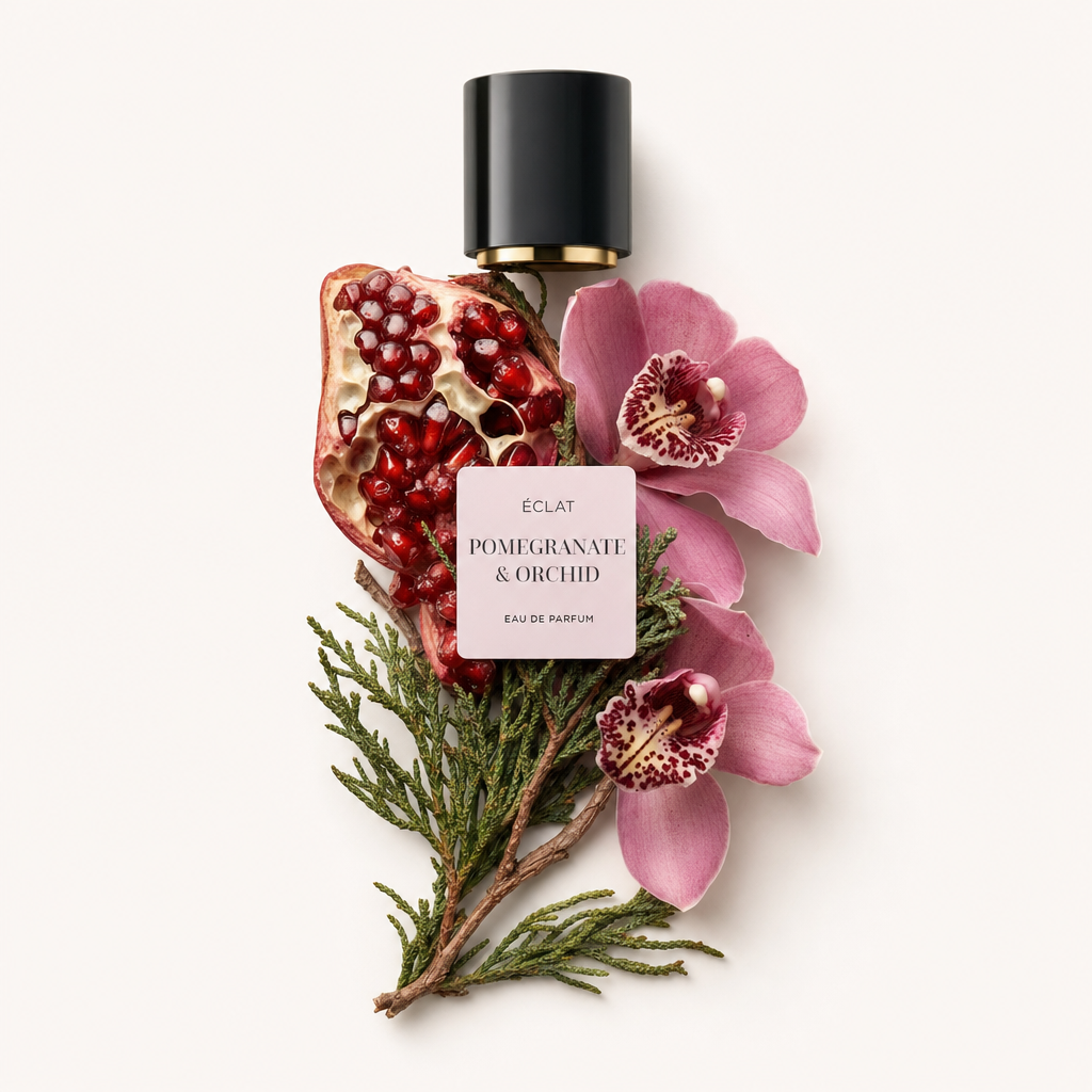 Une composition faite à la main de graines de grenade, d'orchidées roses et de feuillage vert entoure le bouchon noir avec l'étiquette ÉCLAT Pomegranate & Orchid.