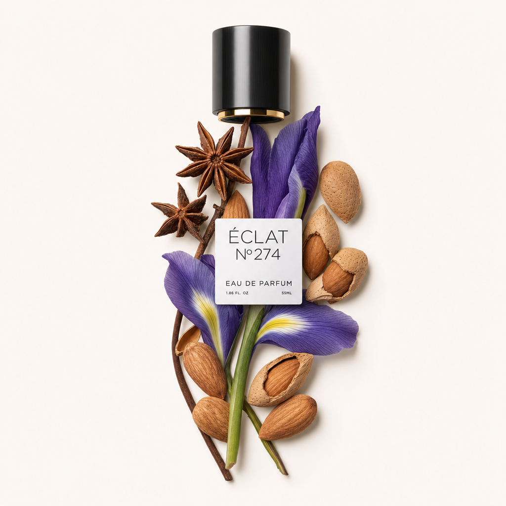 An arrangement of star anise, purple iris flowers, and almond pods surrounds a black cap with a label for ÉCLAT Powdery Almond.