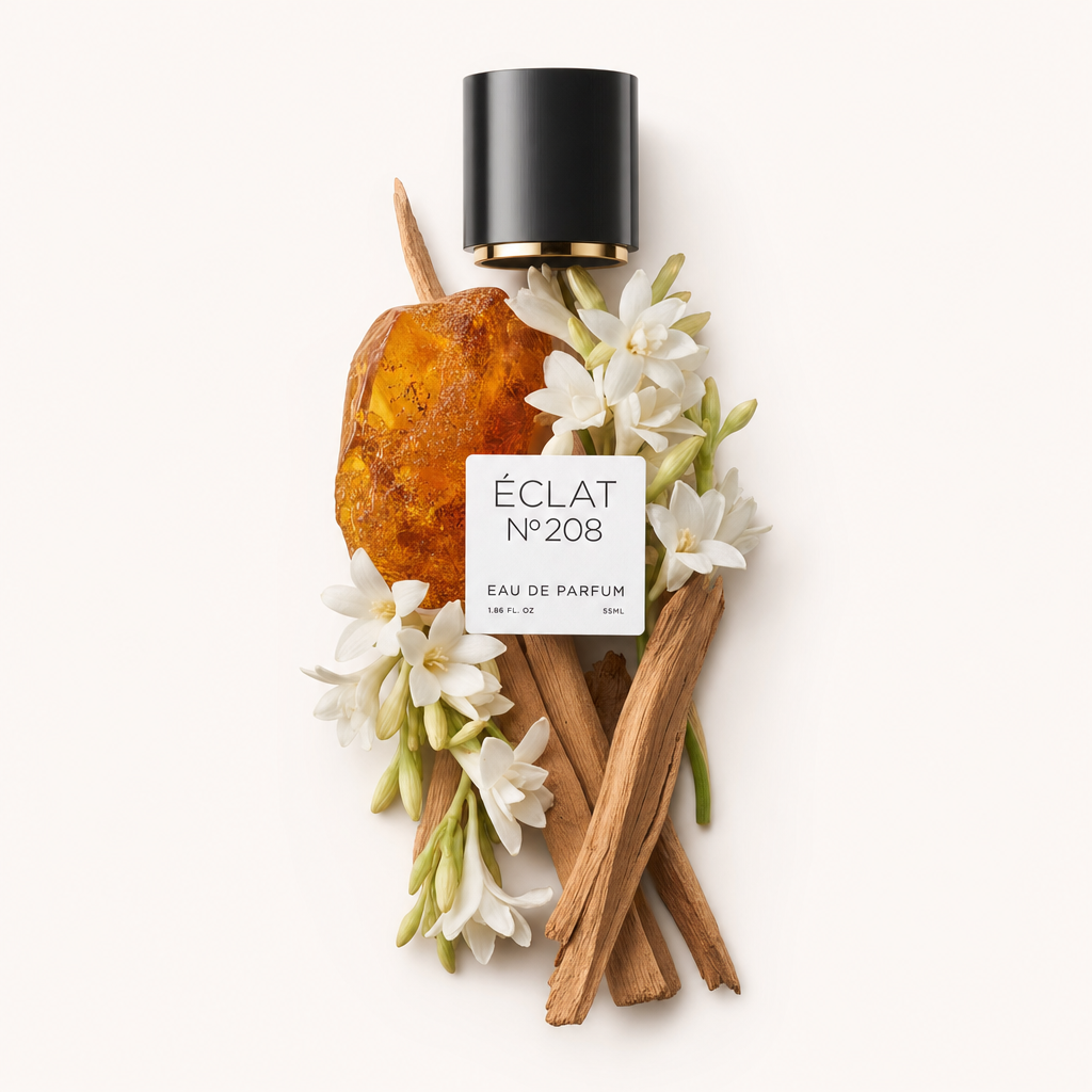 Un arrangement de fleurs blanches et de résine d'ambre avec des bâtons en bois, entourant un capuchon noir avec une étiquette pour ÉCLAT Powdery Amber.