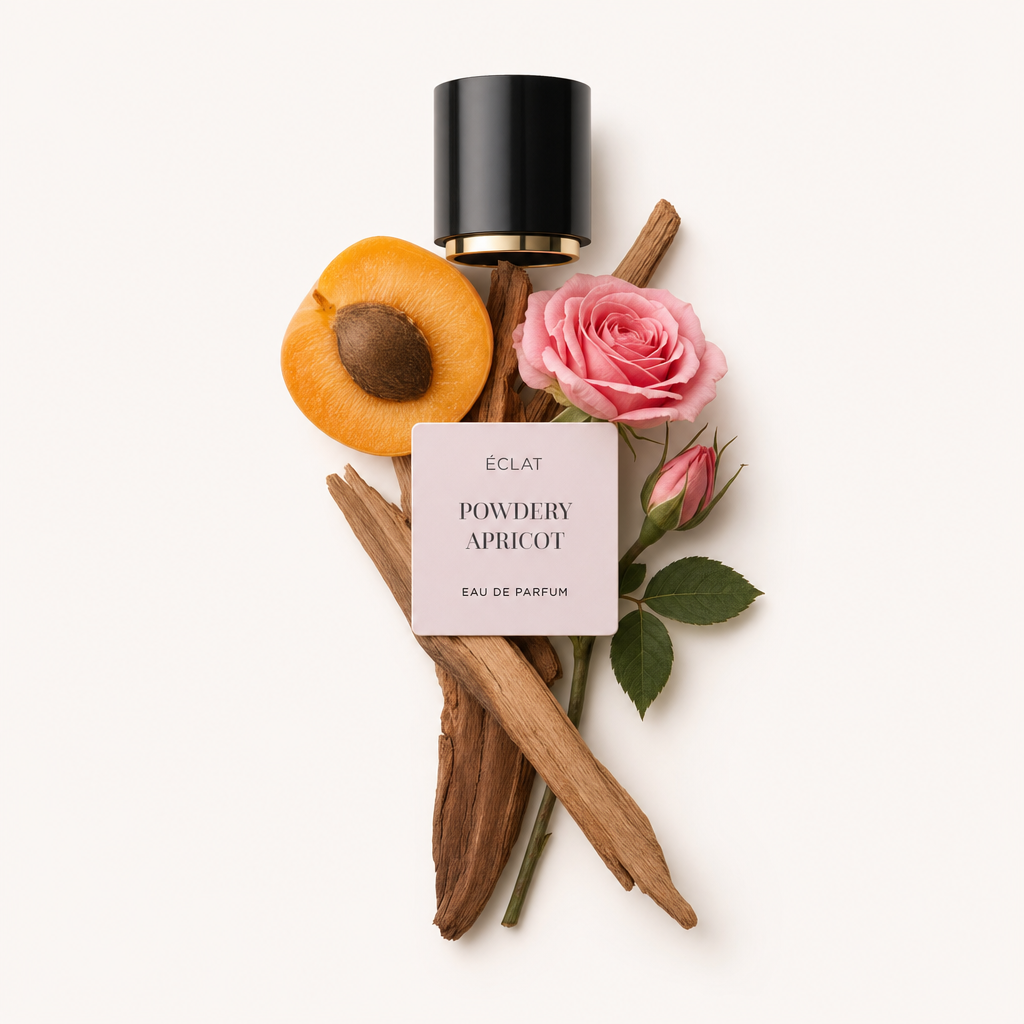 Un arrangement de demi-abricot, de bâtons de bois et d'une rose rose avec des feuilles, accompagné d'un bouchon noir et de l'étiquette ÉCLAT Powdery Apricot.