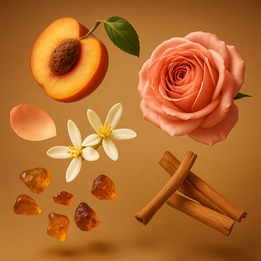Composition d'ÉCLAT Powdery Apricot avec abricot, rose, bâtons de cannelle, fleurs et morceaux d'ambre sur fond doré chaud.