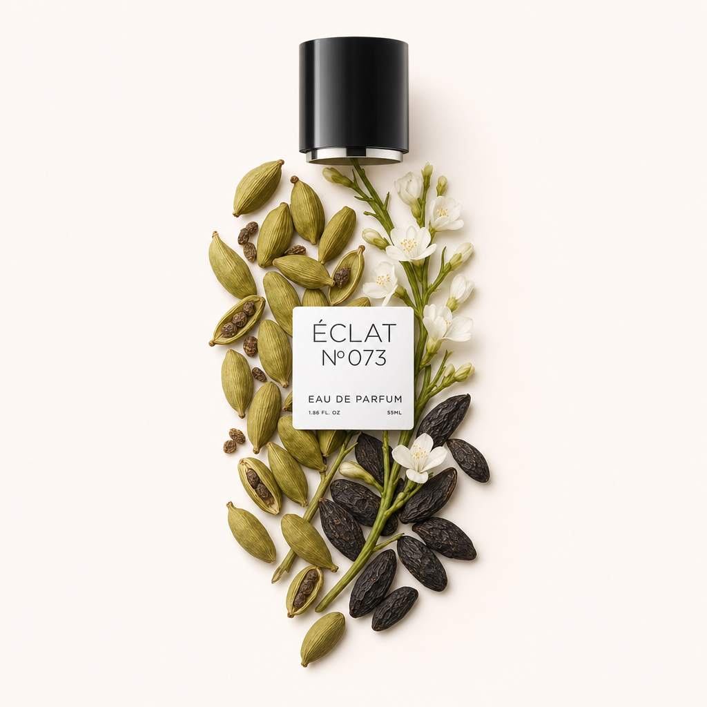 Un arrangement de cosses de cardamome, fleurs blanches et fèves tonka entoure le capuchon noir avec étiquette pour ÉCLAT Powdery Cardamom.