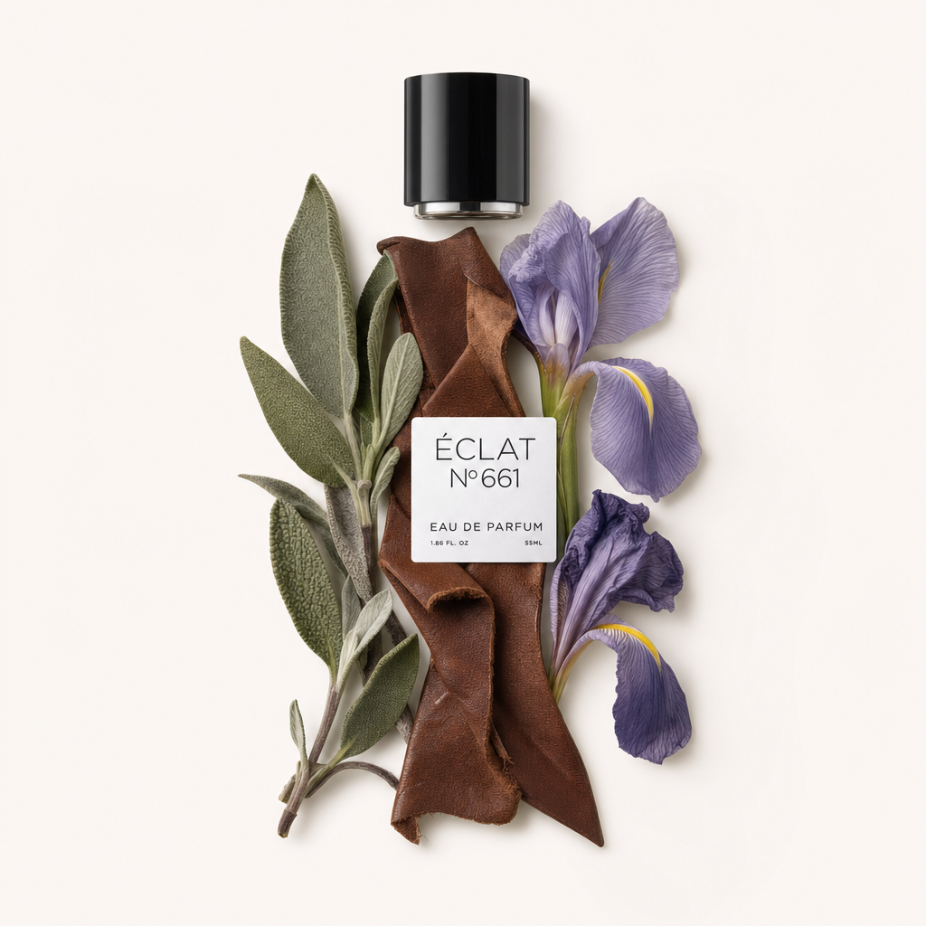Un arrangement de feuilles de sauge, une bande de cuir marron et des iris violets avec étiquette ÉCLAT, surmonté d’un bouchon noir.