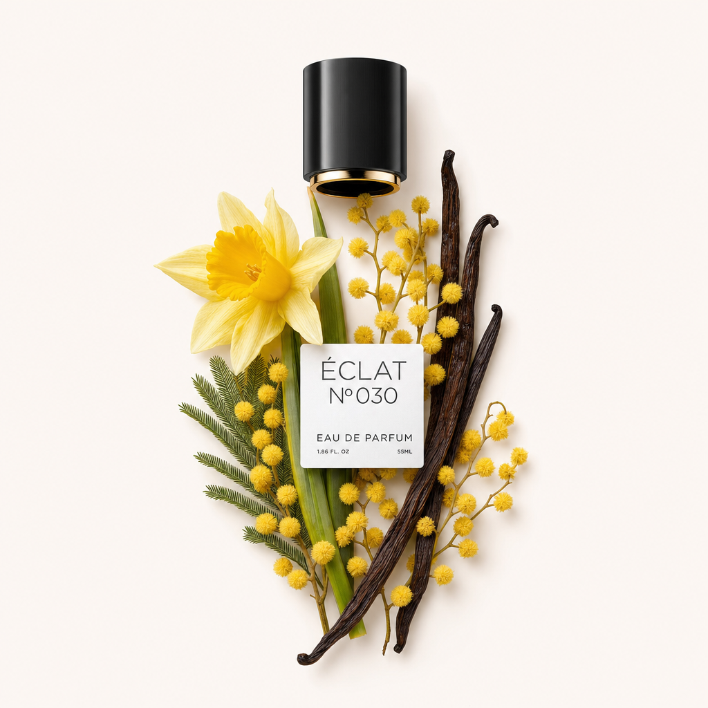 En komposition av en gul påsklilja, mimosakvistar och vaniljstänger med en svart kork med ÉCLAT Powdery Daffodil-etikett.