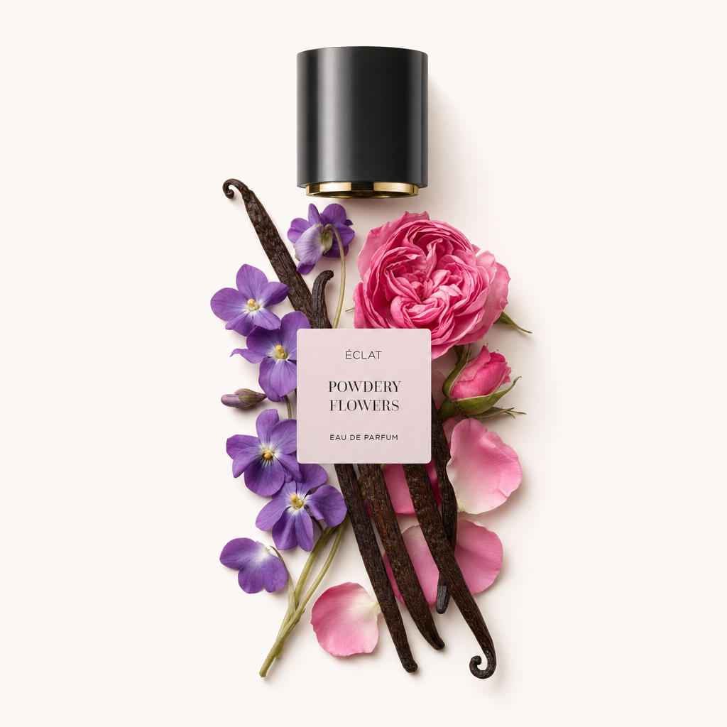 Un arrangement de fleurs violettes et roses avec des gousses de vanille, entourant un bouchon noir avec l'étiquette ÉCLAT Powdery Flowers.