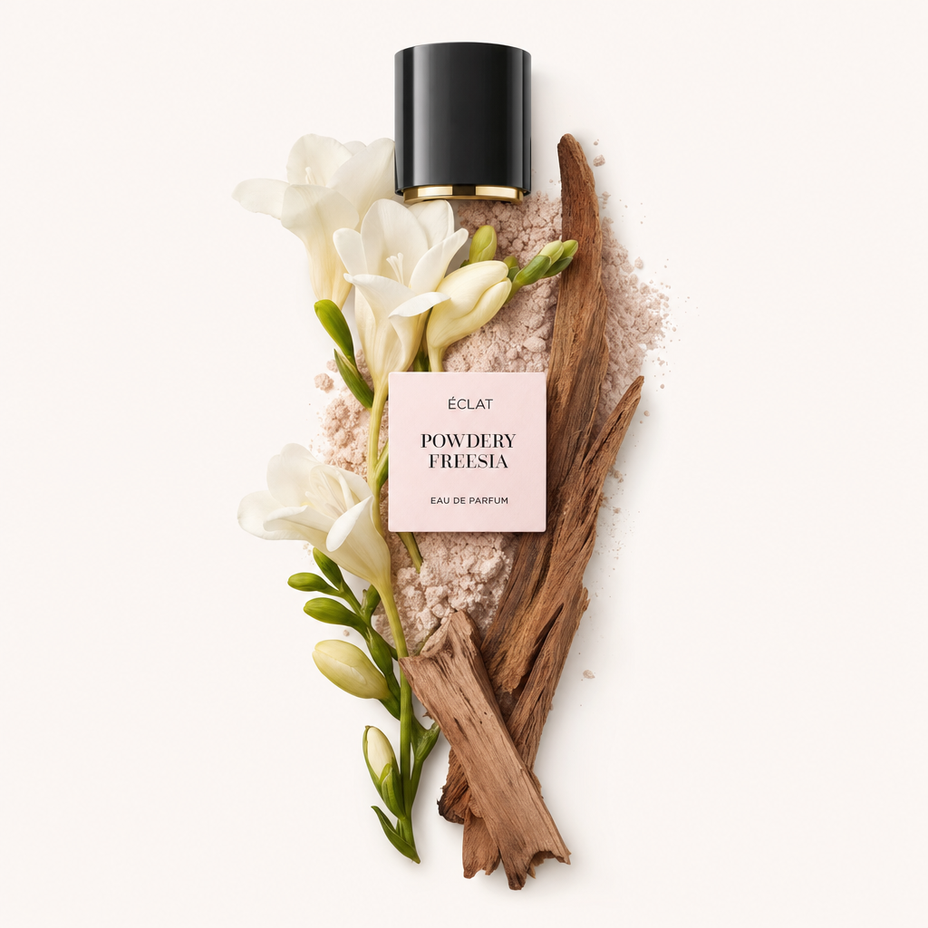 Une nature morte de fleurs de freesia blanches et de bois brun sur un fond de poudre fine, accompagnée du capuchon noir original avec étiquette ÉCLAT Powdery Freesia.