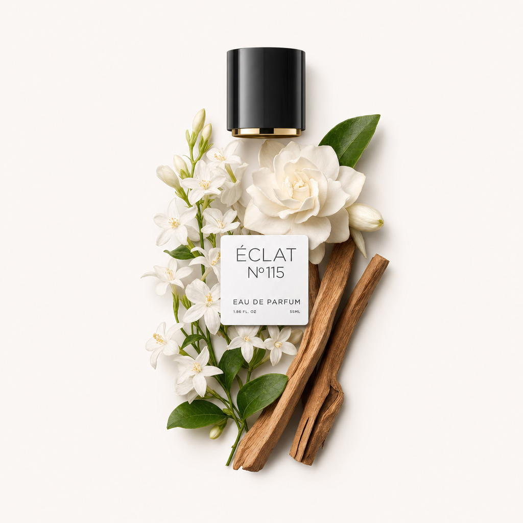 Un arrangement de fleurs de jasmin, une fleur de camélia blanche et des bâtons de bois de santal entoure un bouchon noir avec un bord doré portant l'étiquette ÉCLAT Powdery Jasmine.