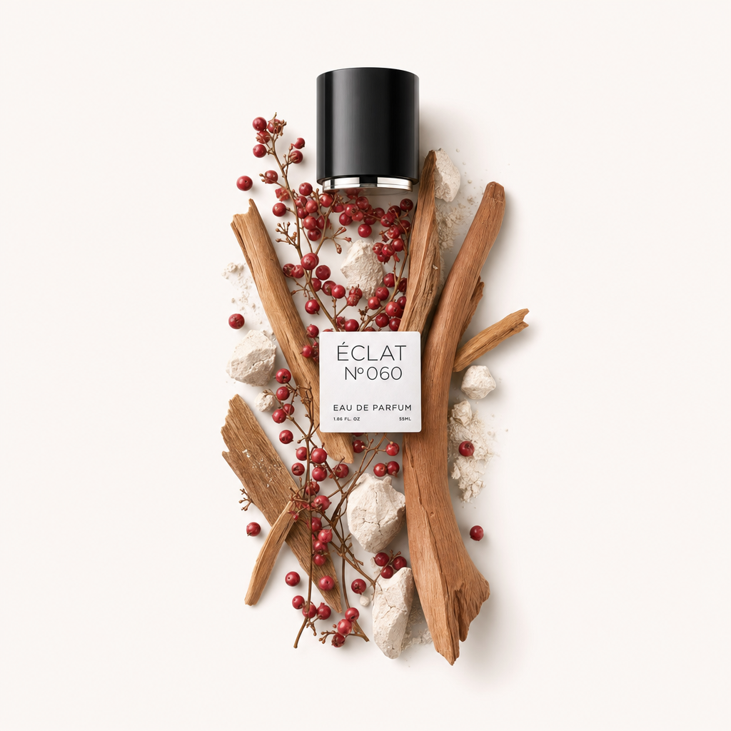 Um arranjo de bagas vermelhas e folhas de louro, juntamente com fragmentos de pedra texturizados, envolve uma tampa preta com rótulo ÉCLAT Powdery Laurel Leaf.
