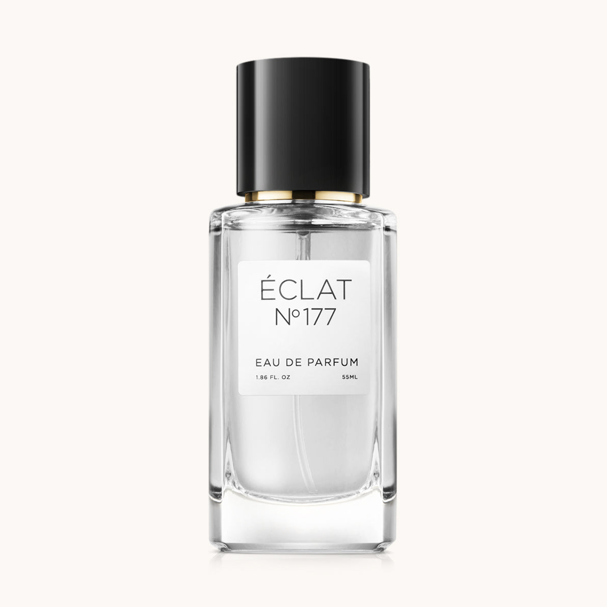 A clear glass flacon of ÉCLAT Powdery Lilac with a black cap and a white label.