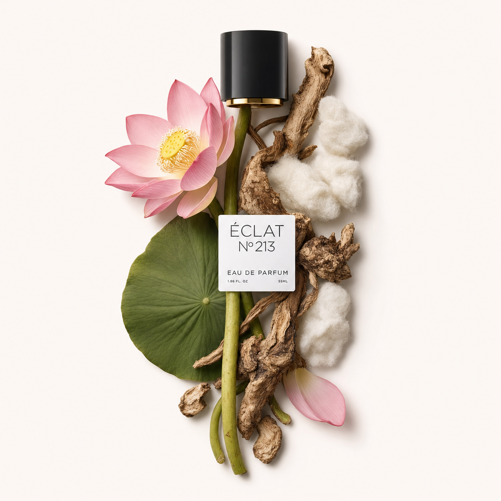Un arrangement de fleur de lotus rose, de feuille verte, de textures boisées et de coton, accompagné d'un bouchon noir avec étiquette ÉCLAT Powdery Lotus.