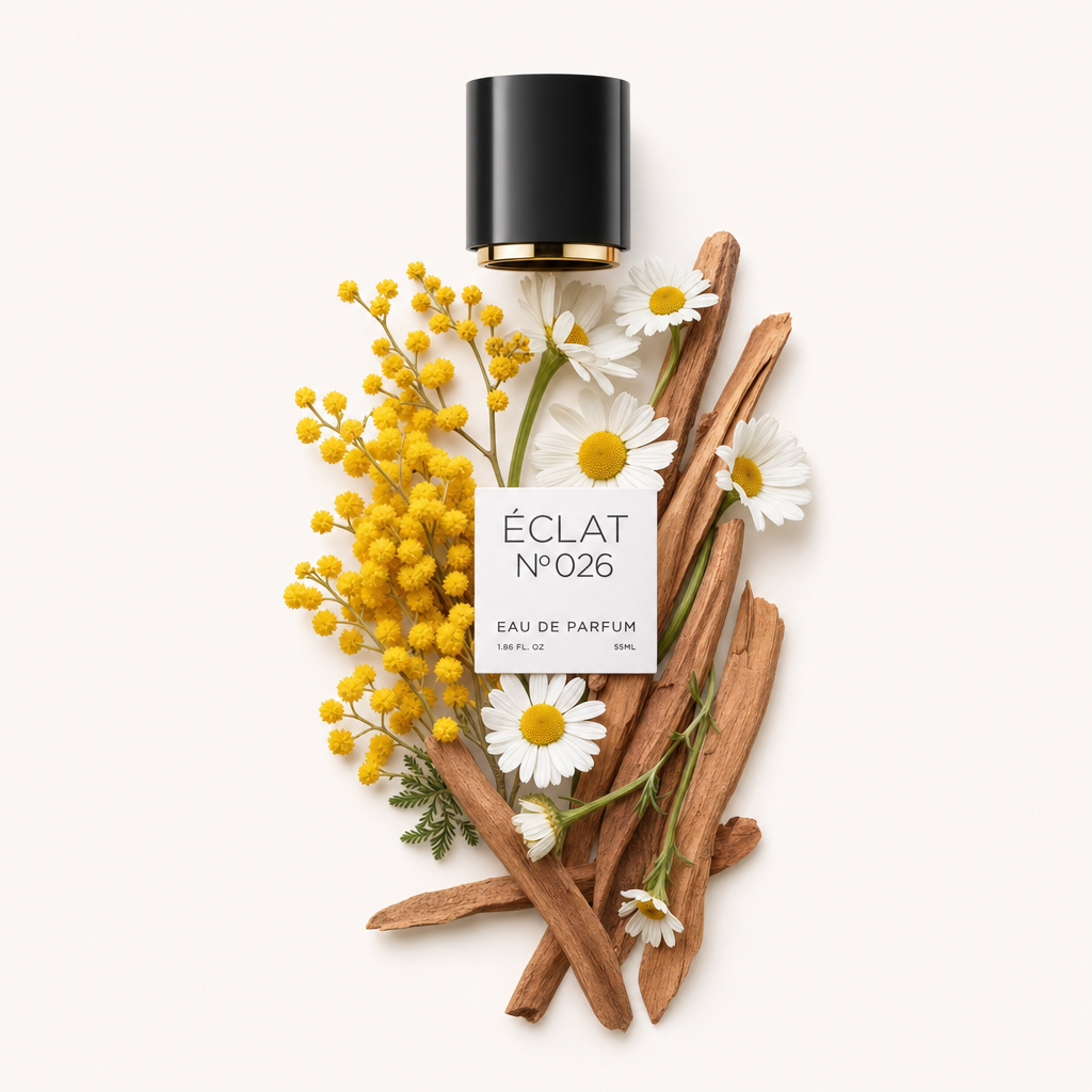 Un arrangement de fleurs de mimoza, de marguerites et de bâtons de bois entoure un bouchon noir à intérieur doré, étiqueté pour ÉCLAT Powdery Mimosa.