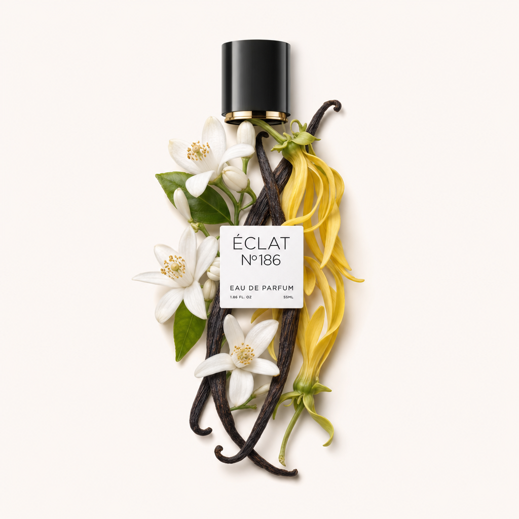 Un arrangement de fleurs d'oranger blanches et de pétales d'ylang-ylang jaunes, accentué par des gousses de vanille foncées, entoure le capuchon noir avec une étiquette de ÉCLAT Powdery Orange Blossom.