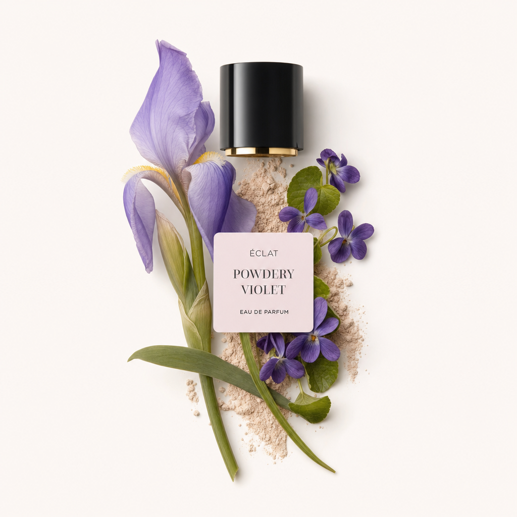 Un arrangement de fleurs de violette et de feuilles vertes sur un lit de poudre claire, avec un bouchon noir et une étiquette affichant ÉCLAT Powdery Violet.