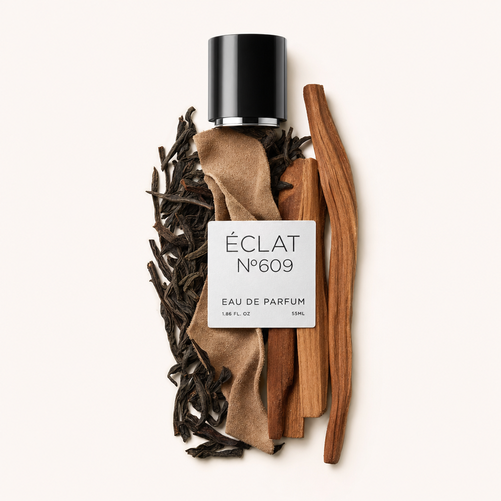 An arrangement of dried tea leaves, raw wooden sticks, and a suede fabric are artfully placed around the black cap with label of ÉCLAT Powdery Woods.